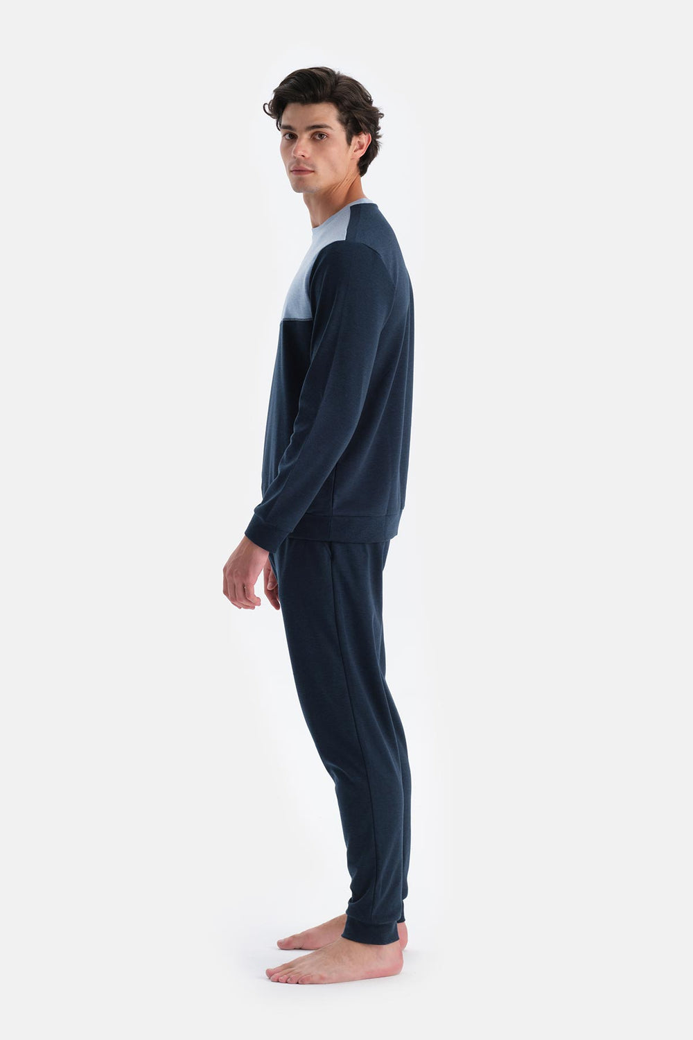 Indigo Melanj Bisiklet Yaka Uzun Kollu Jogger Pantolonlu Pijama Takımı