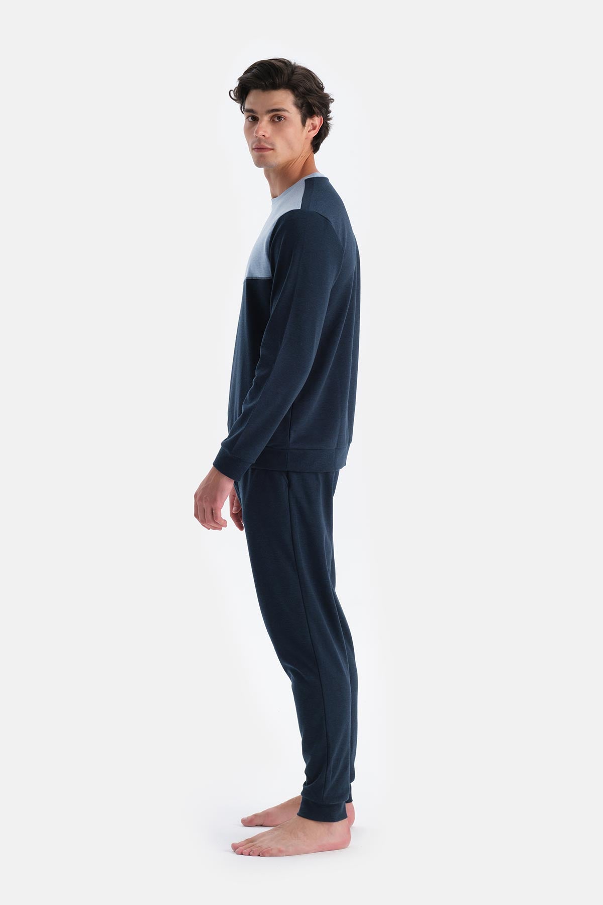 Indigo Melanj Bisiklet Yaka Uzun Kollu Jogger Pantolonlu Pijama Takımı