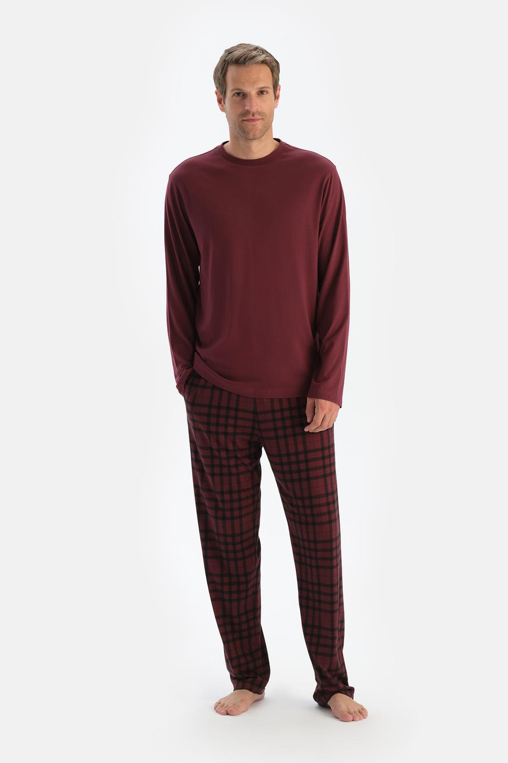 Mürdüm Bisiklet Yaka Uzun Kollu Tişört Pantolon Pijama Takımı