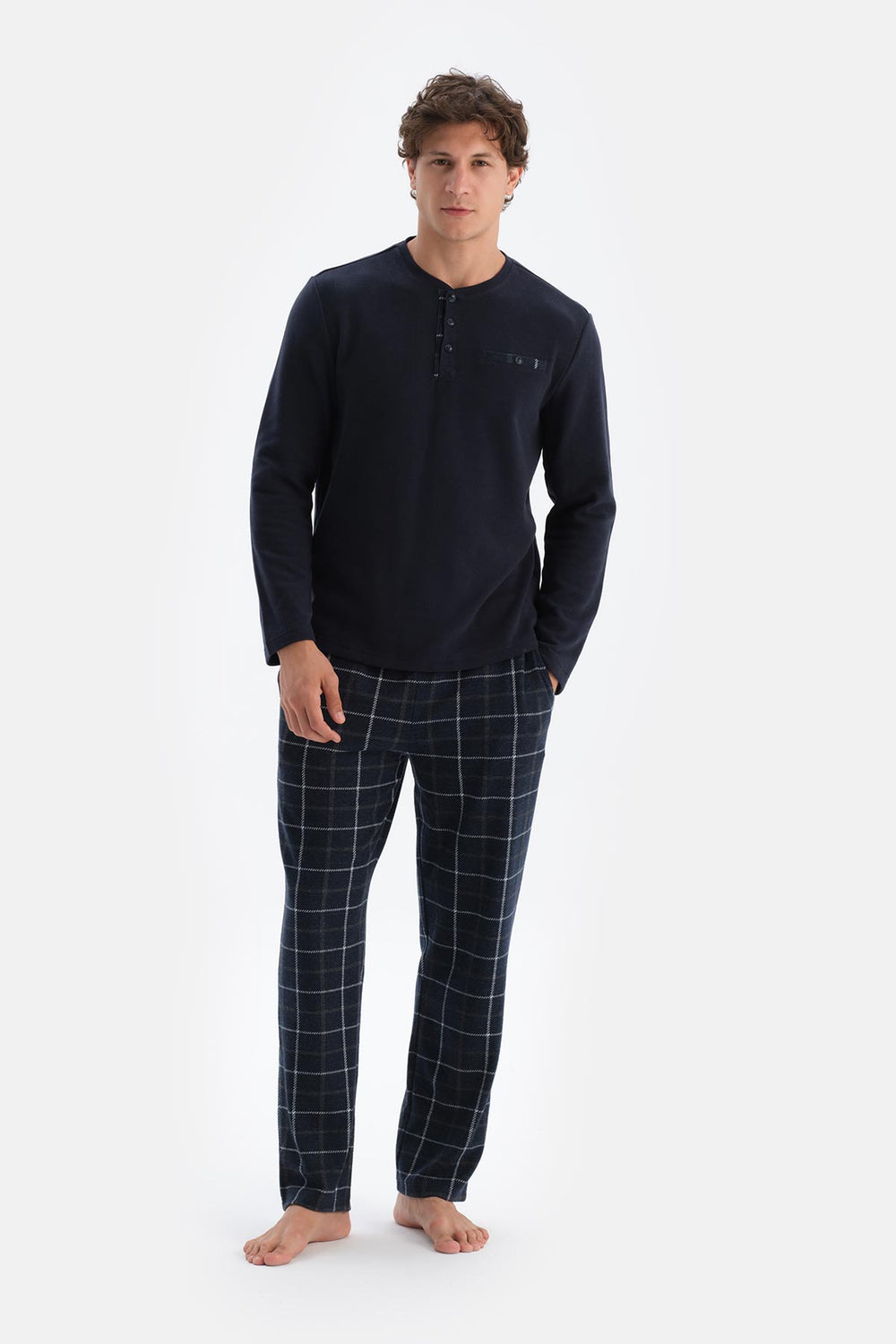 Lacivert Yarım Patlı Uzun Kollu Ekose Pantolonlu Pijama Takımı