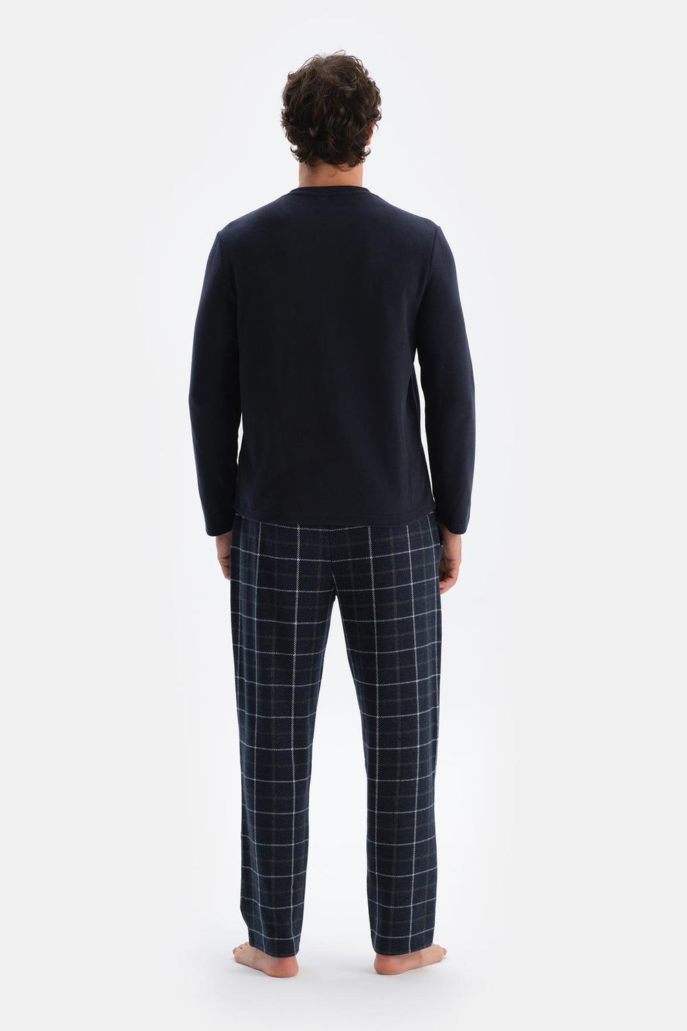 Lacivert Yarım Patlı Uzun Kollu Ekose Pantolonlu Pijama Takımı