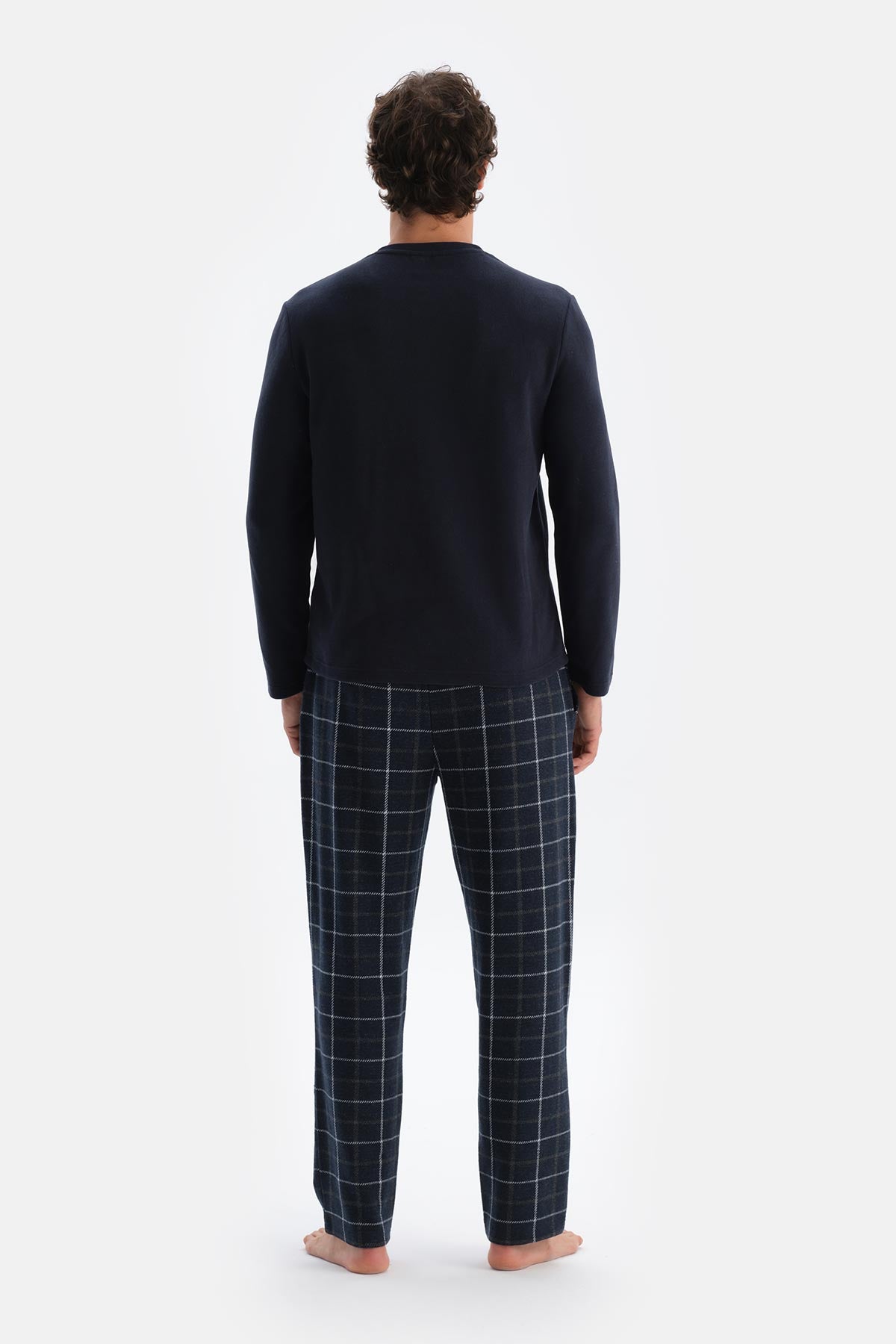 Lacivert Yarım Patlı Uzun Kollu Ekose Pantolonlu Pijama Takımı