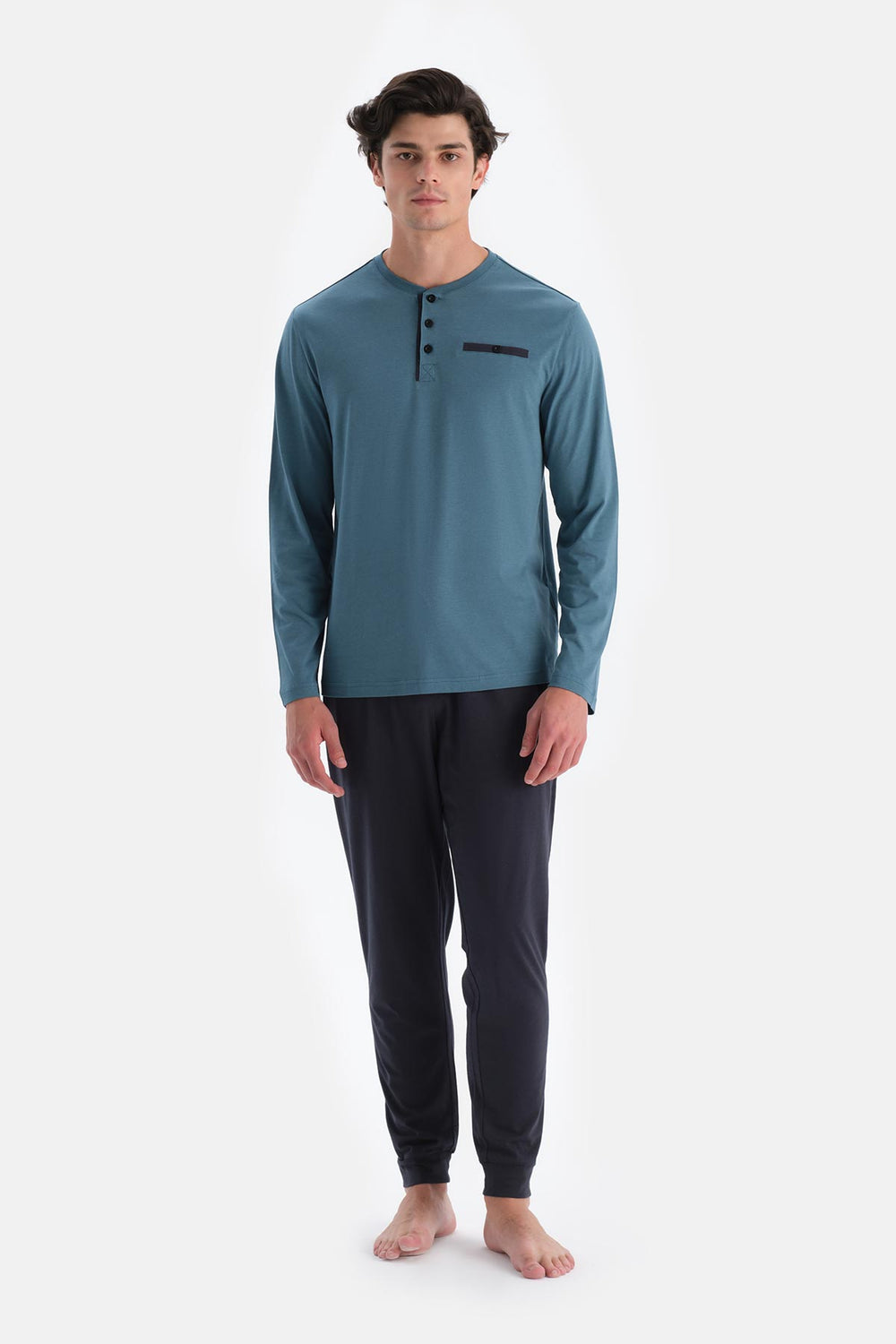Mavi Yarım Patlı Uzun Kollu Jogger Pantolonlu Pijama Takımı