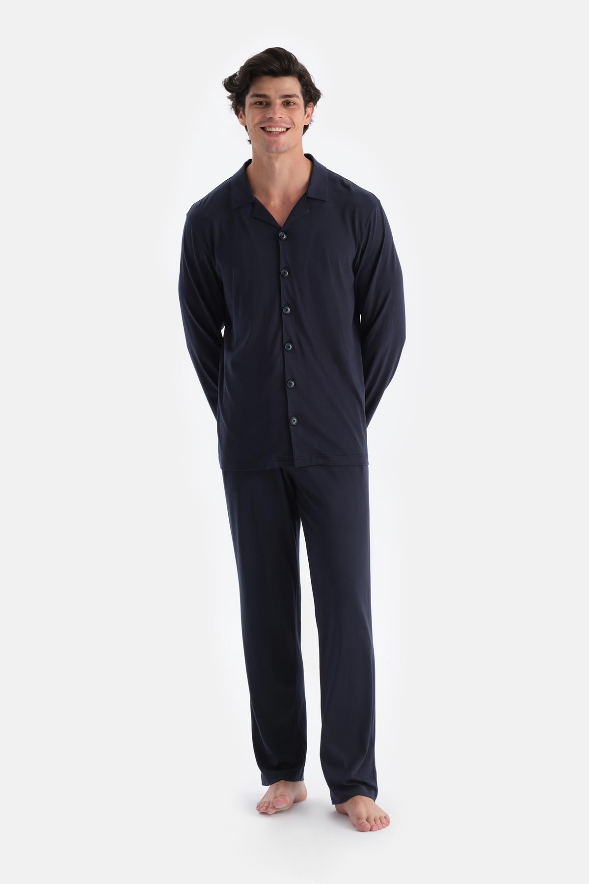 Lacivert Penye Modal Gömlek Pantolon Pijama Takımı