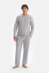 Açık Gri Bisiklet Yaka Uzun Kollu Yünlü Pijama Takımı