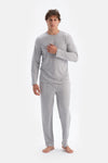 Açık Gri Bisiklet Yaka Uzun Kollu Yünlü Pijama Takımı