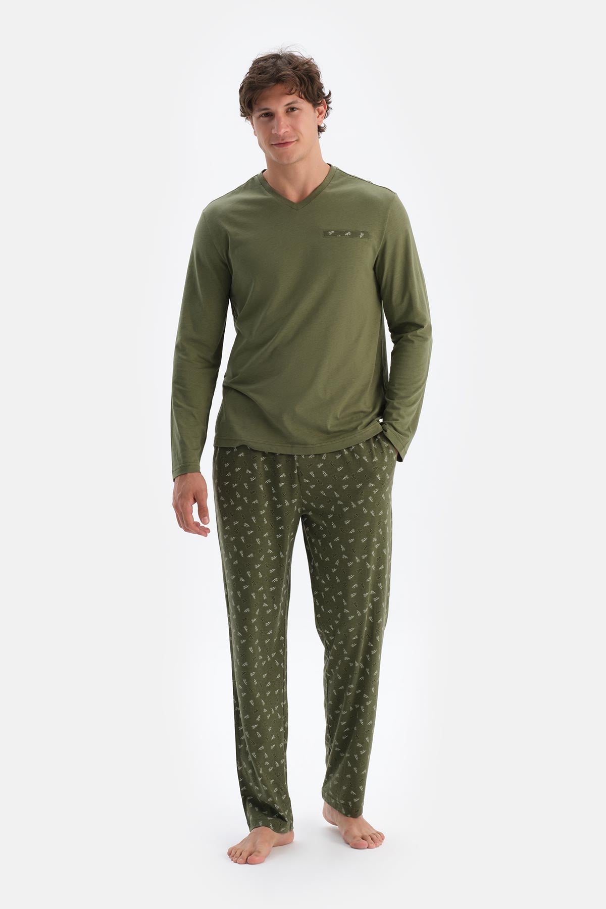 Haki V Yaka Penye Modal Tişört Pantolon Pijama Takımı