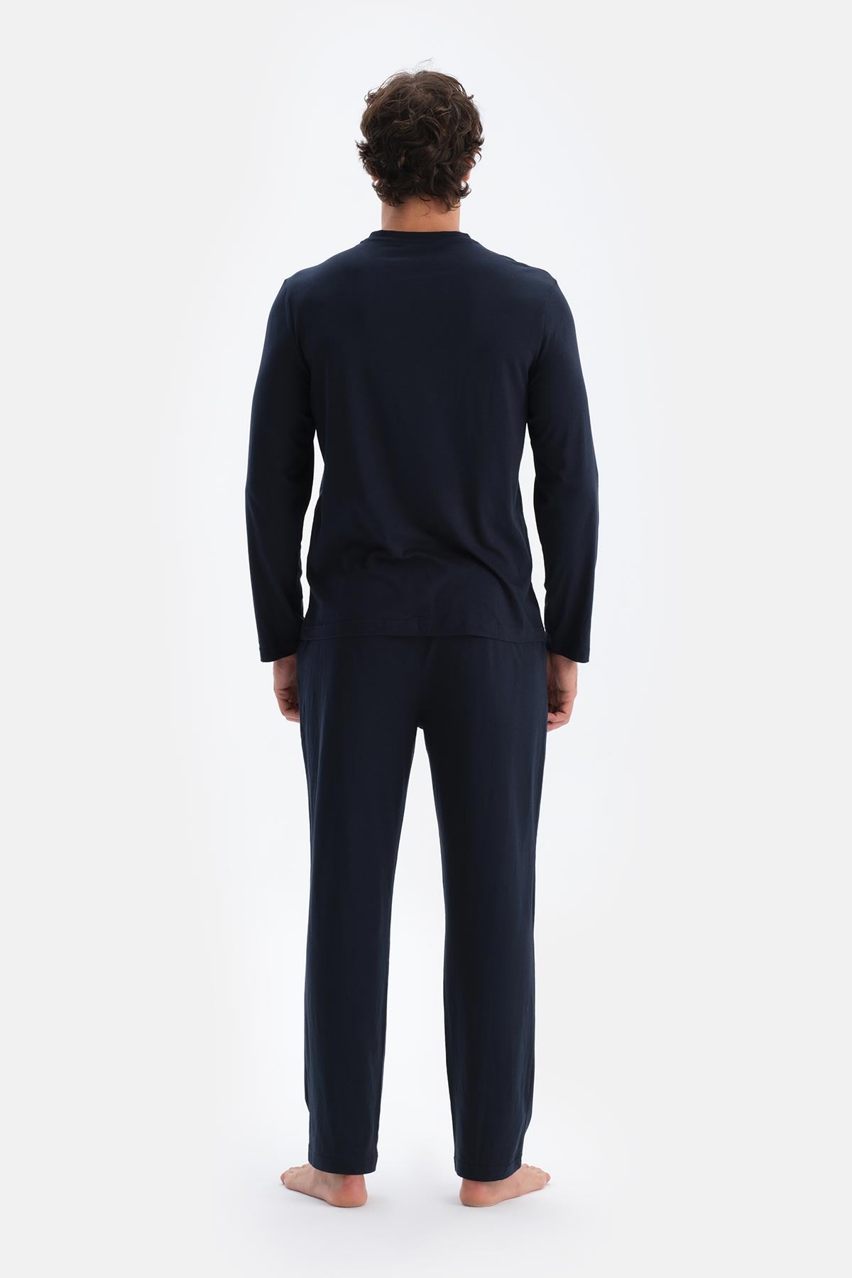 Lacivert Uzun Kollu Jakar Detaylı Tişört Pantolon Pijama Takımı