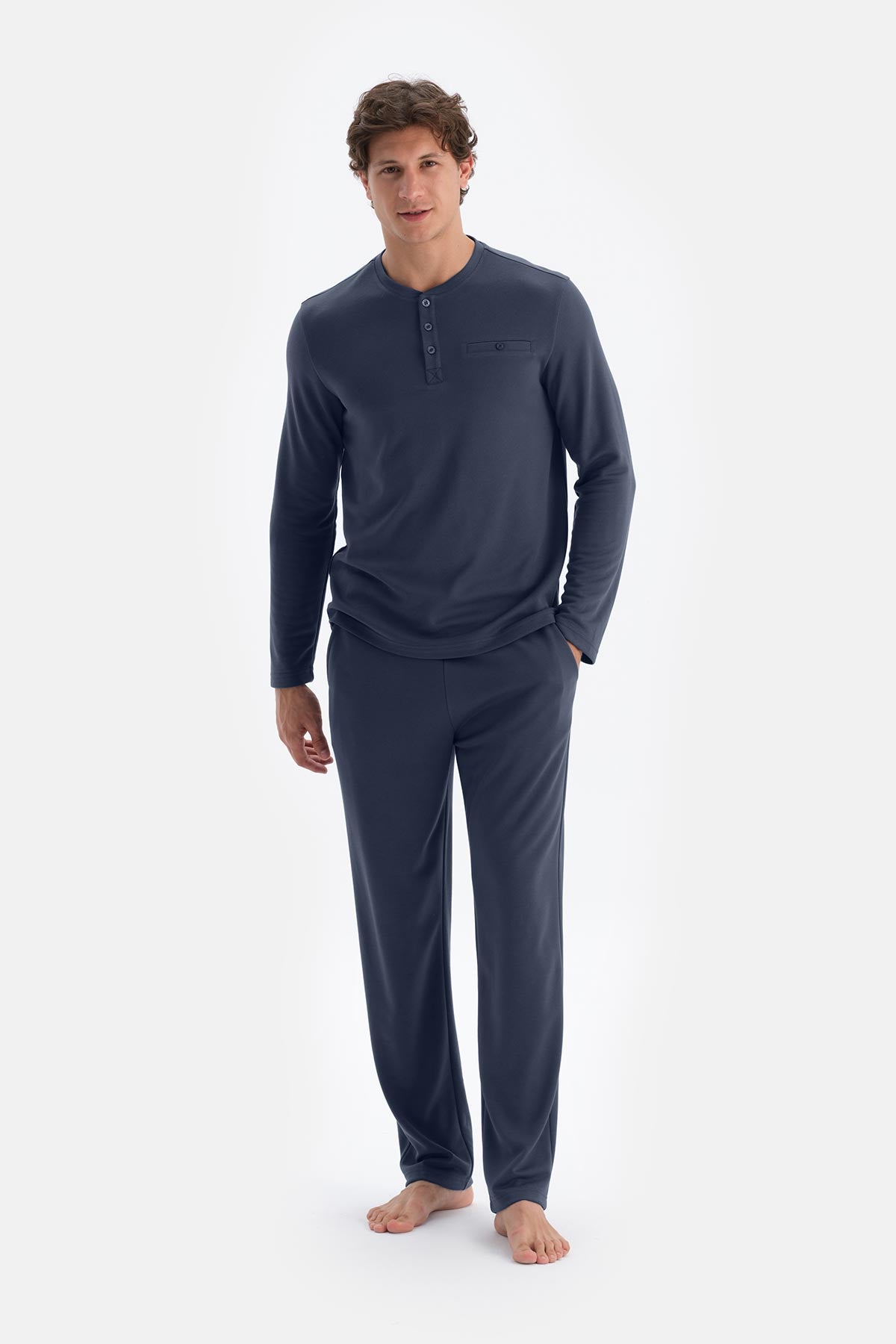 Lacivert Yarım Patlı Uzun Kollu Tişört Pantolon Pijama Takımı