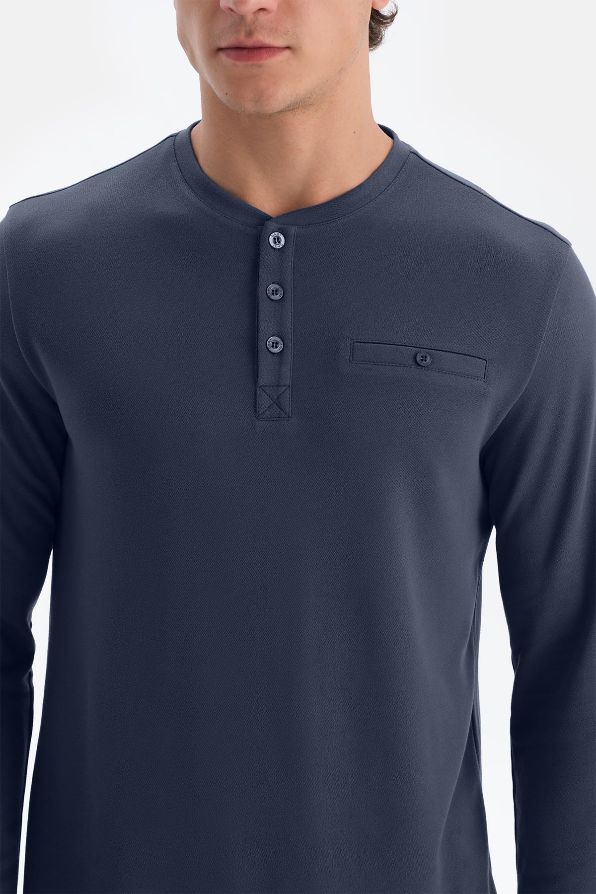 Lacivert Yarım Patlı Uzun Kollu Tişört Pantolon Pijama Takımı