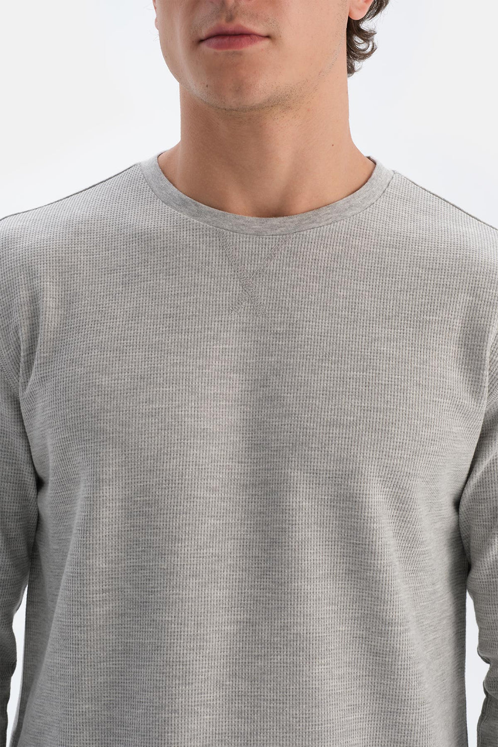 Gri Melanj Bisiklet Yaka Uzun Kollu Altı Ekoseli Pijama Takımı