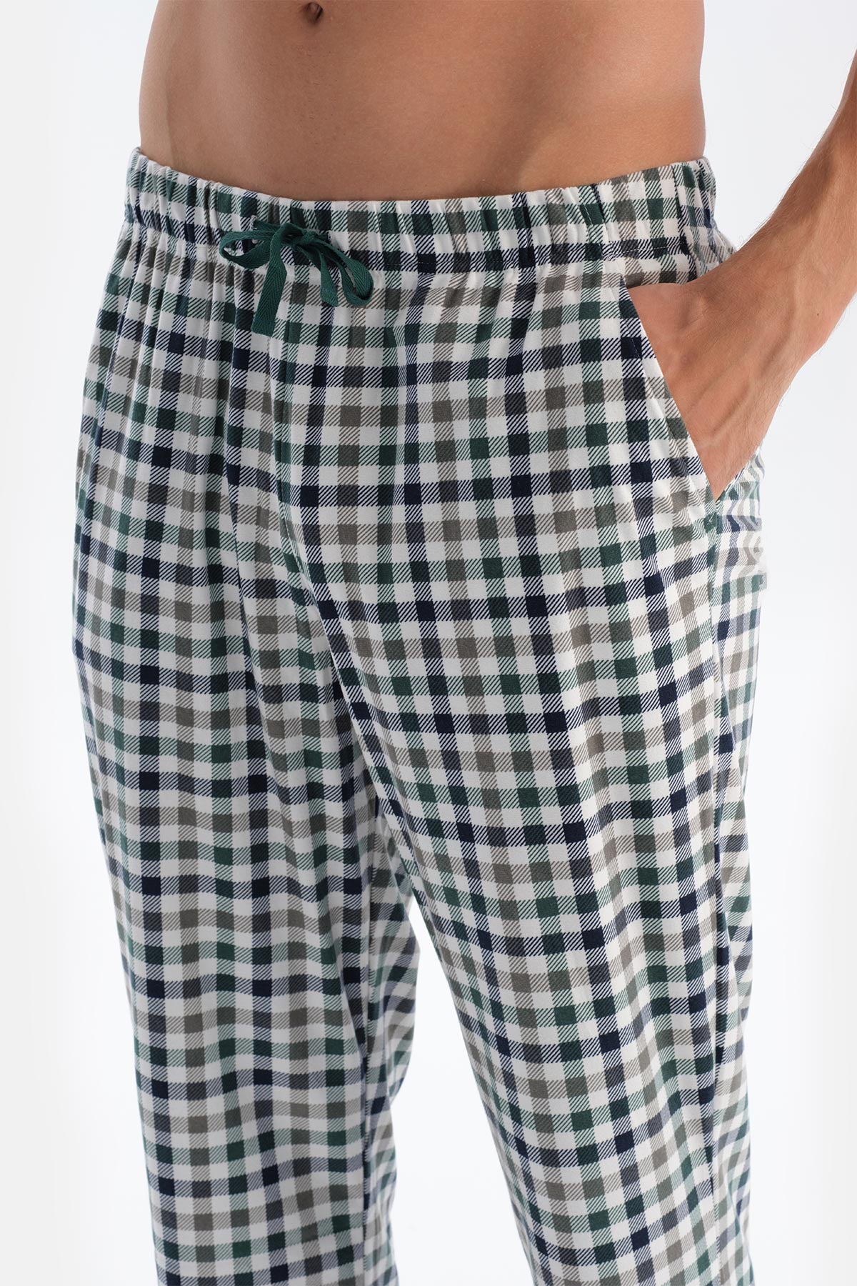 Gri Melanj Bisiklet Yaka Uzun Kollu Altı Ekoseli Pijama Takımı