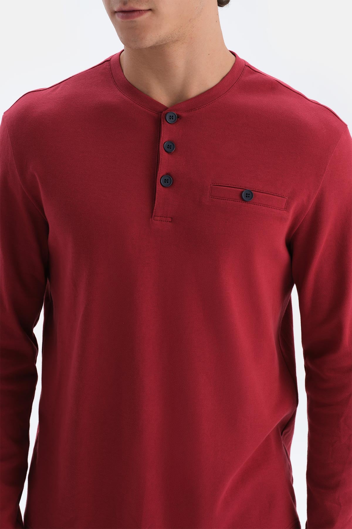 Bordo Yarım Patlı Uzun Kollu Ekose Pantolonlu Pijama Takımı