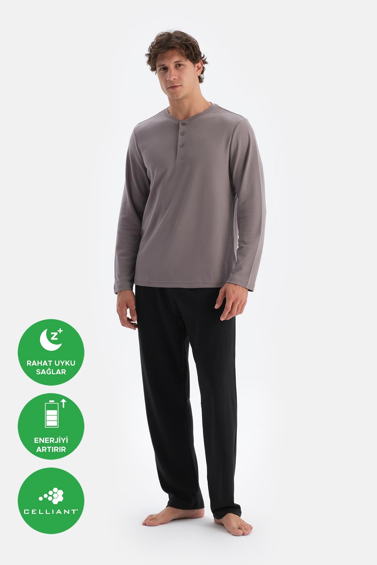 Füme Yarım Patlı Uzun Kollu Celliant Pijama Takımı