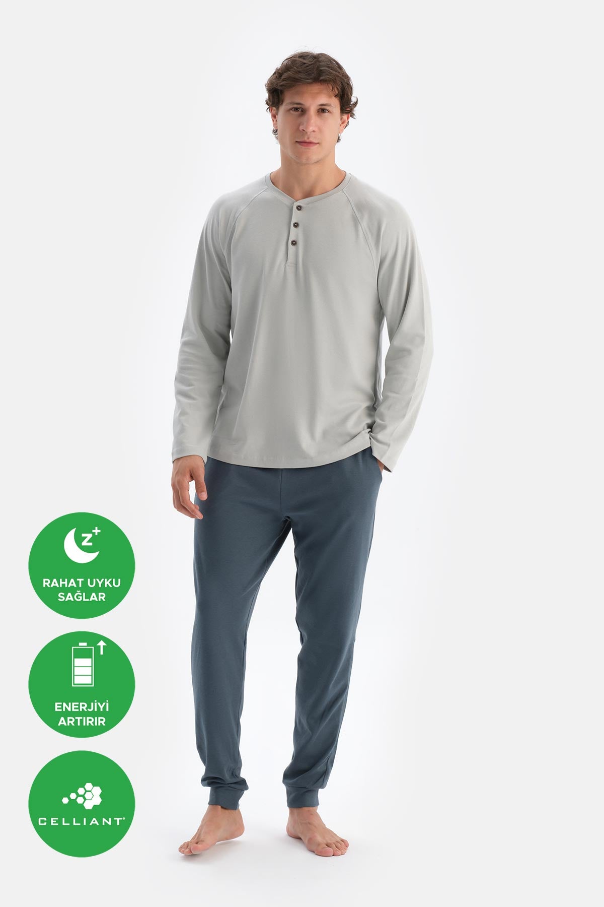 Gri Yarım Patlı Cep Detaylı Celliant Pijama Takımı