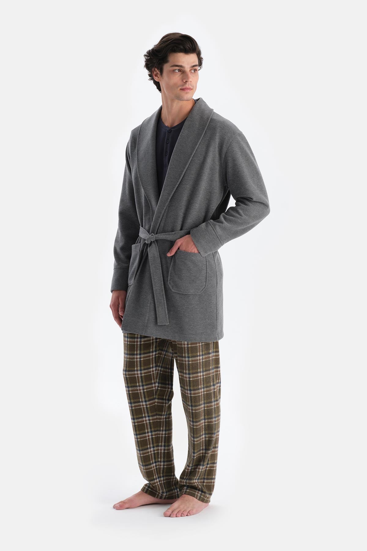 Gri Melanj Şal Yaka Selanik Sabahlık