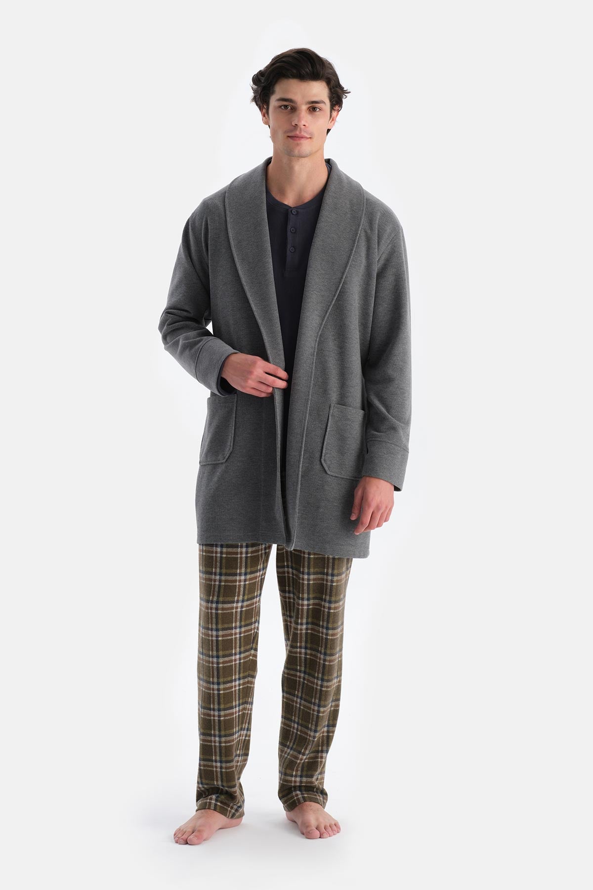 Gri Melanj Şal Yaka Selanik Sabahlık