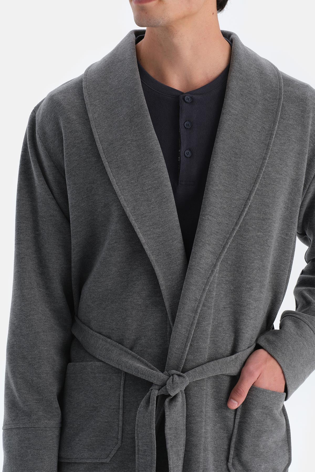 Gri Melanj Şal Yaka Selanik Sabahlık