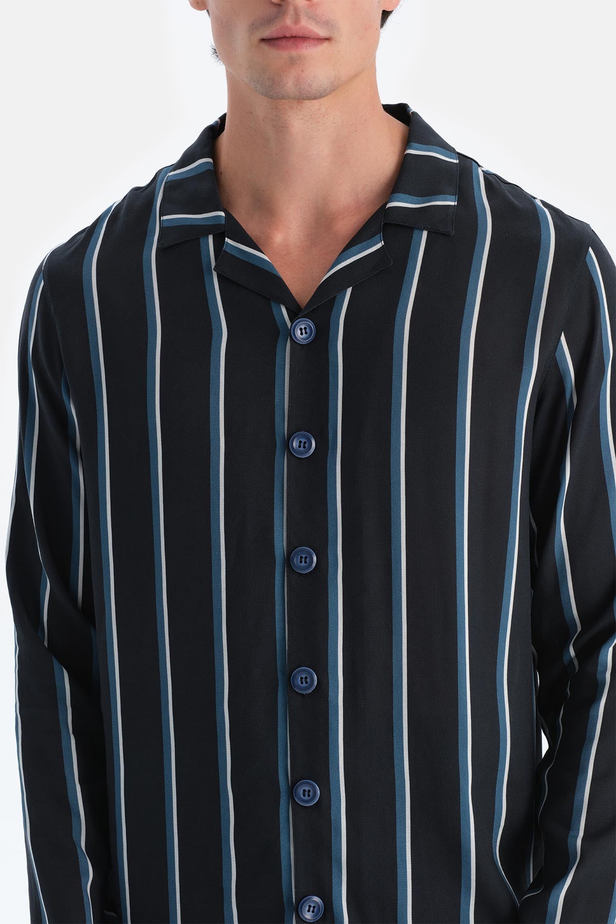 Lacivert Çizgili Viskon Dokuma Gömlek