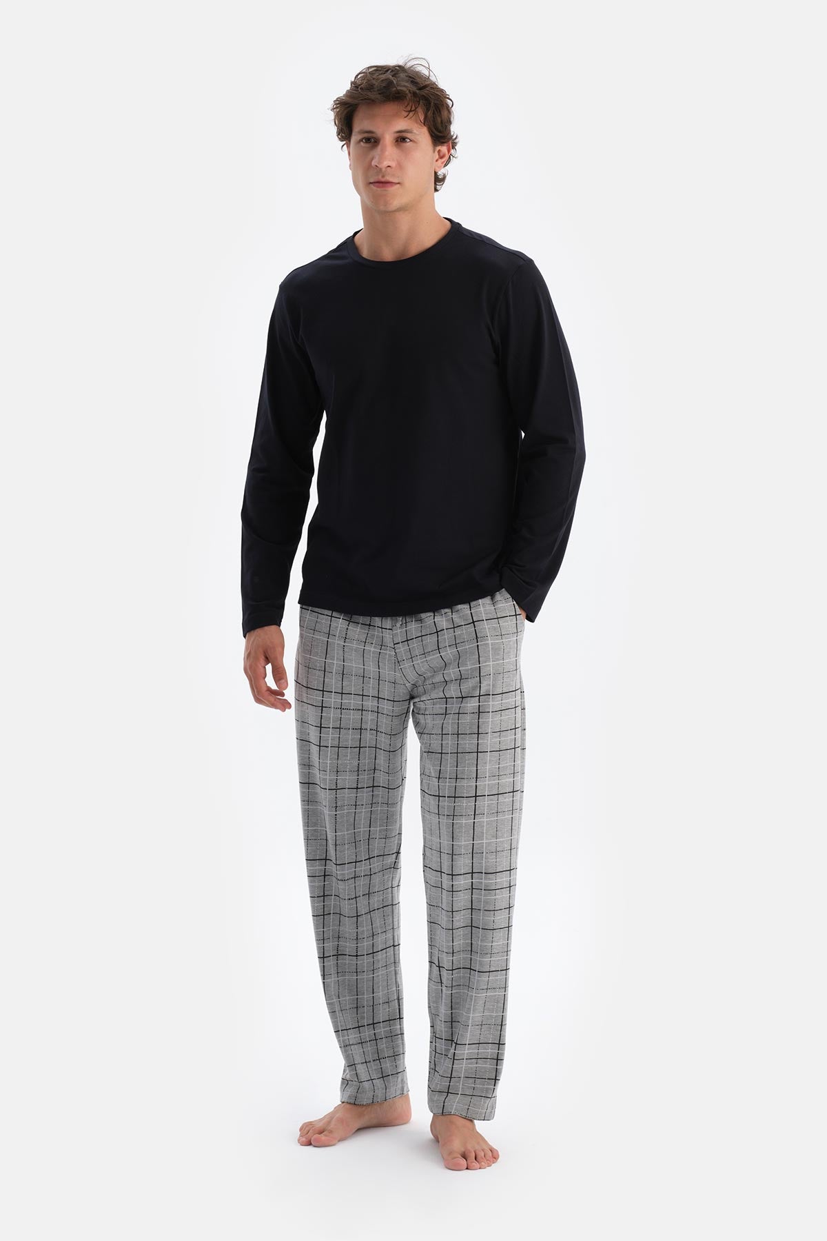 Lacivert Bisiklet Yaka Pamuk Pijama Üstü