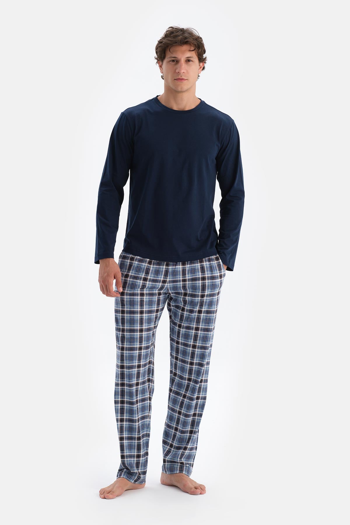 Indigo Bisiklet Yaka Pamuk Pijama Üstü