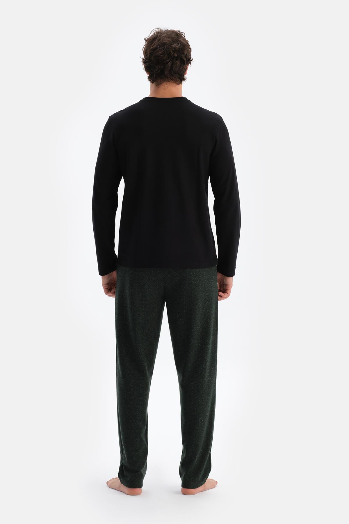 Siyah Bisiklet Yaka Pamuk Pijama Üstü