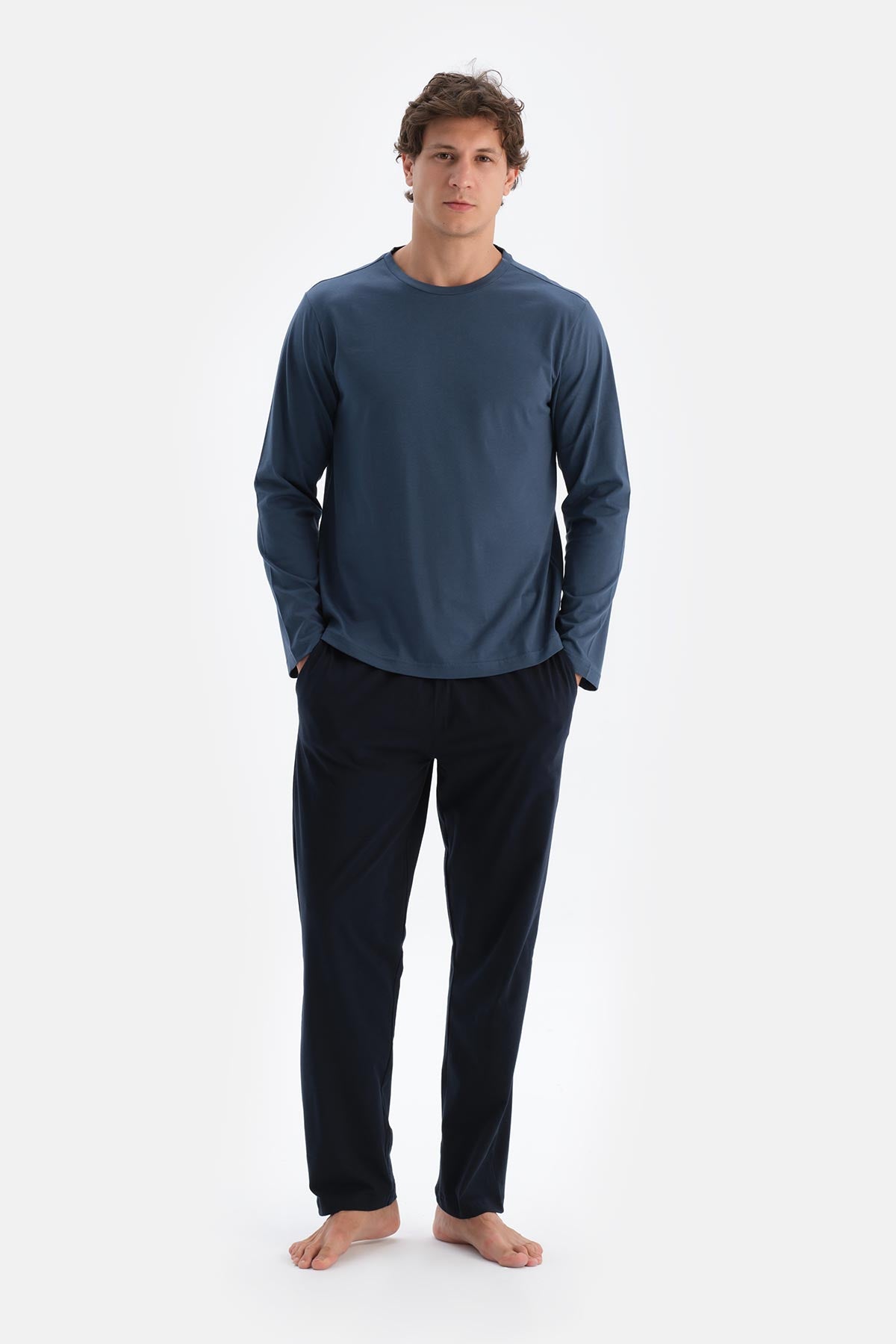 Koyu Indigo Bisiklet Yaka Pamuk Pijama Üstü