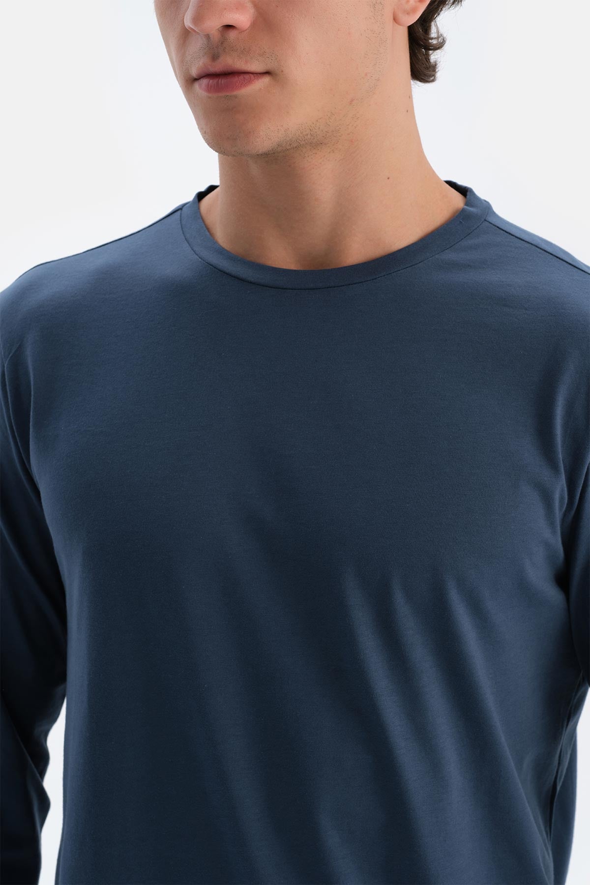 Koyu Indigo Bisiklet Yaka Pamuk Pijama Üstü