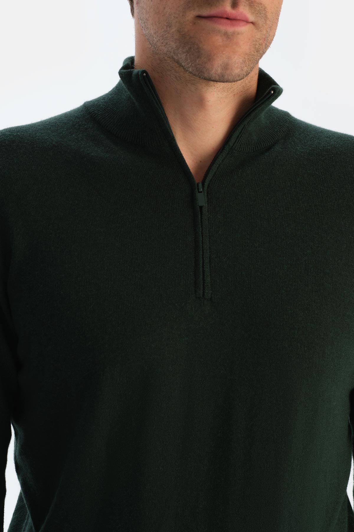 Koyu Yeşil Erkek Kaşmir Karışımlı Fermuar Yaka Triko