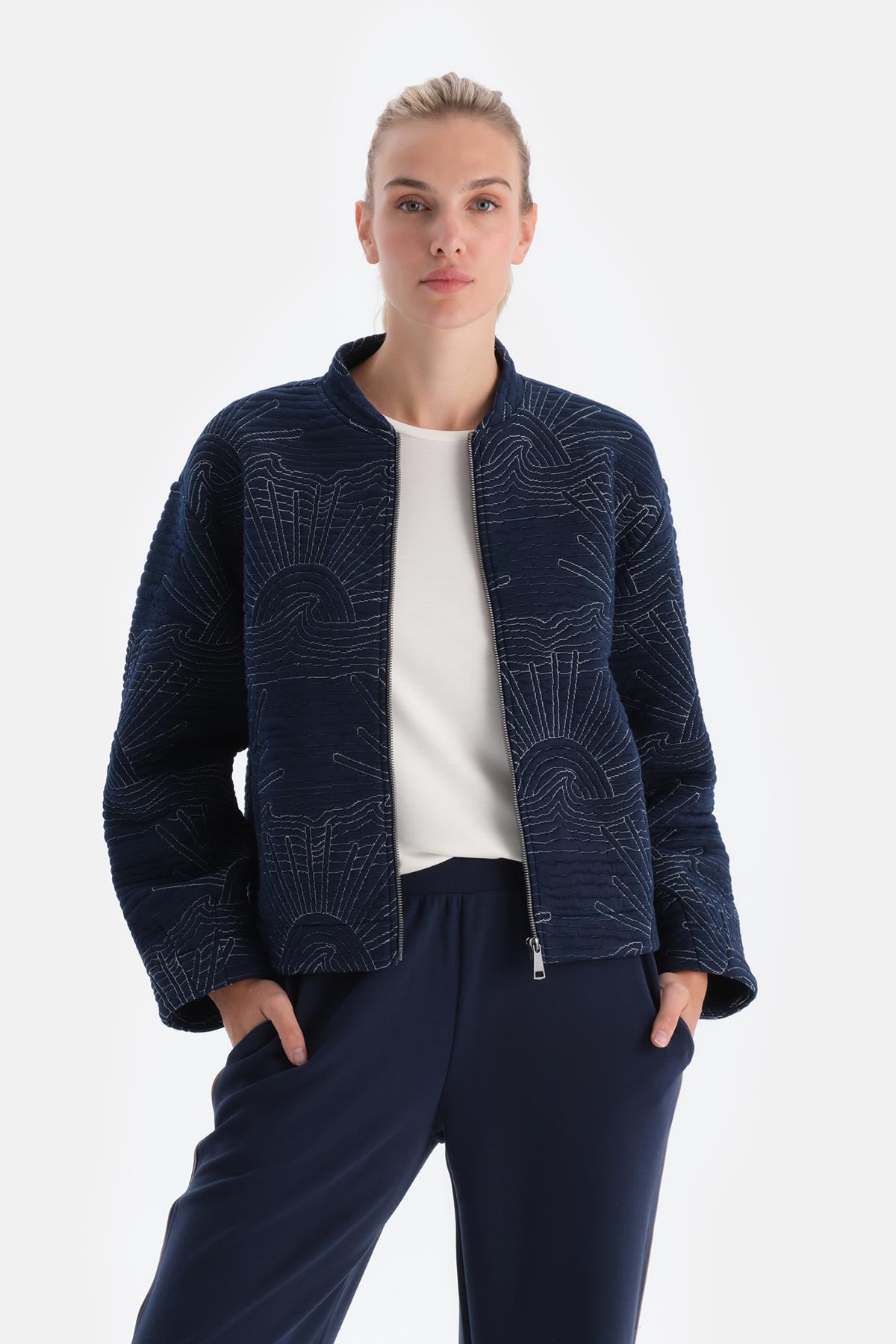 Navy WOMENS EMBROIDERY QUILTED COAT