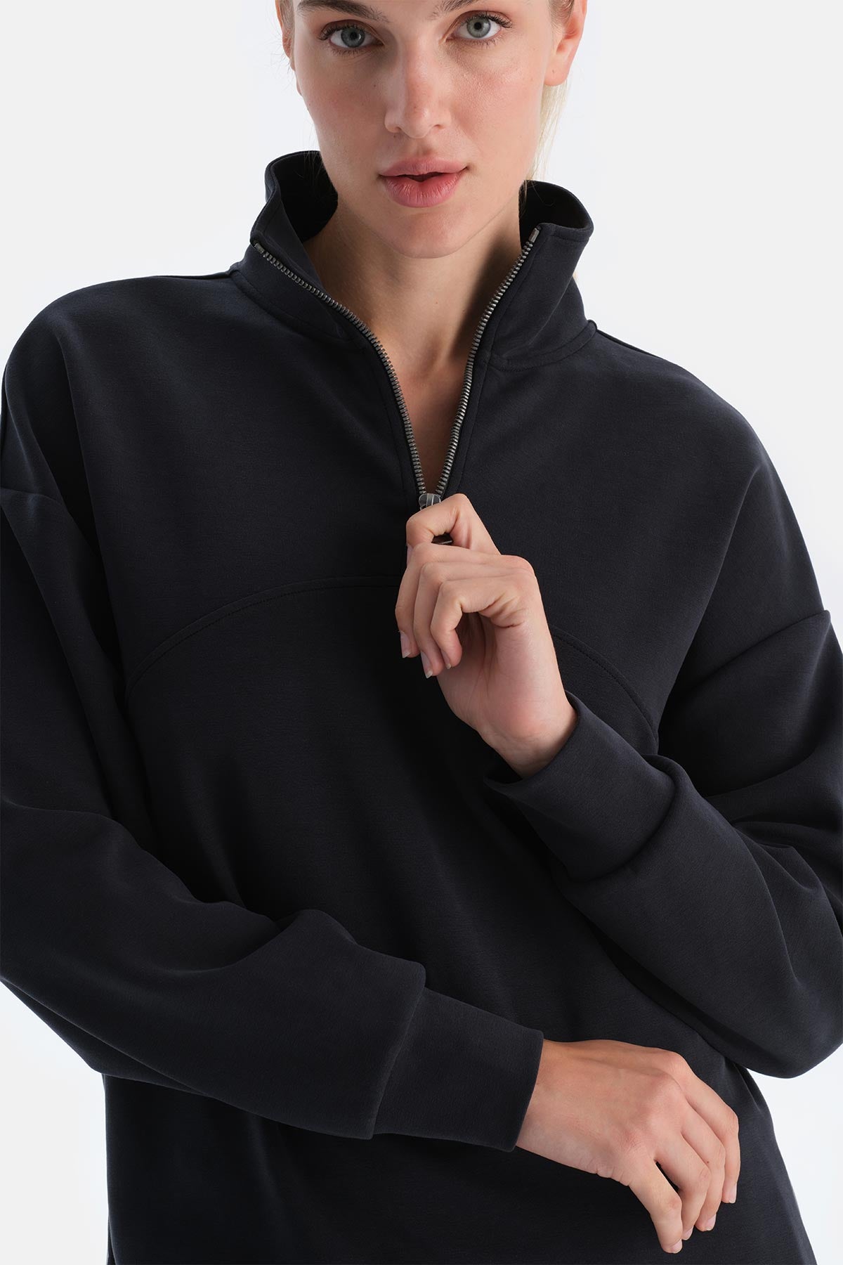 Black WOMENS HALF ZIPPER MODAL SWEATSHIRT