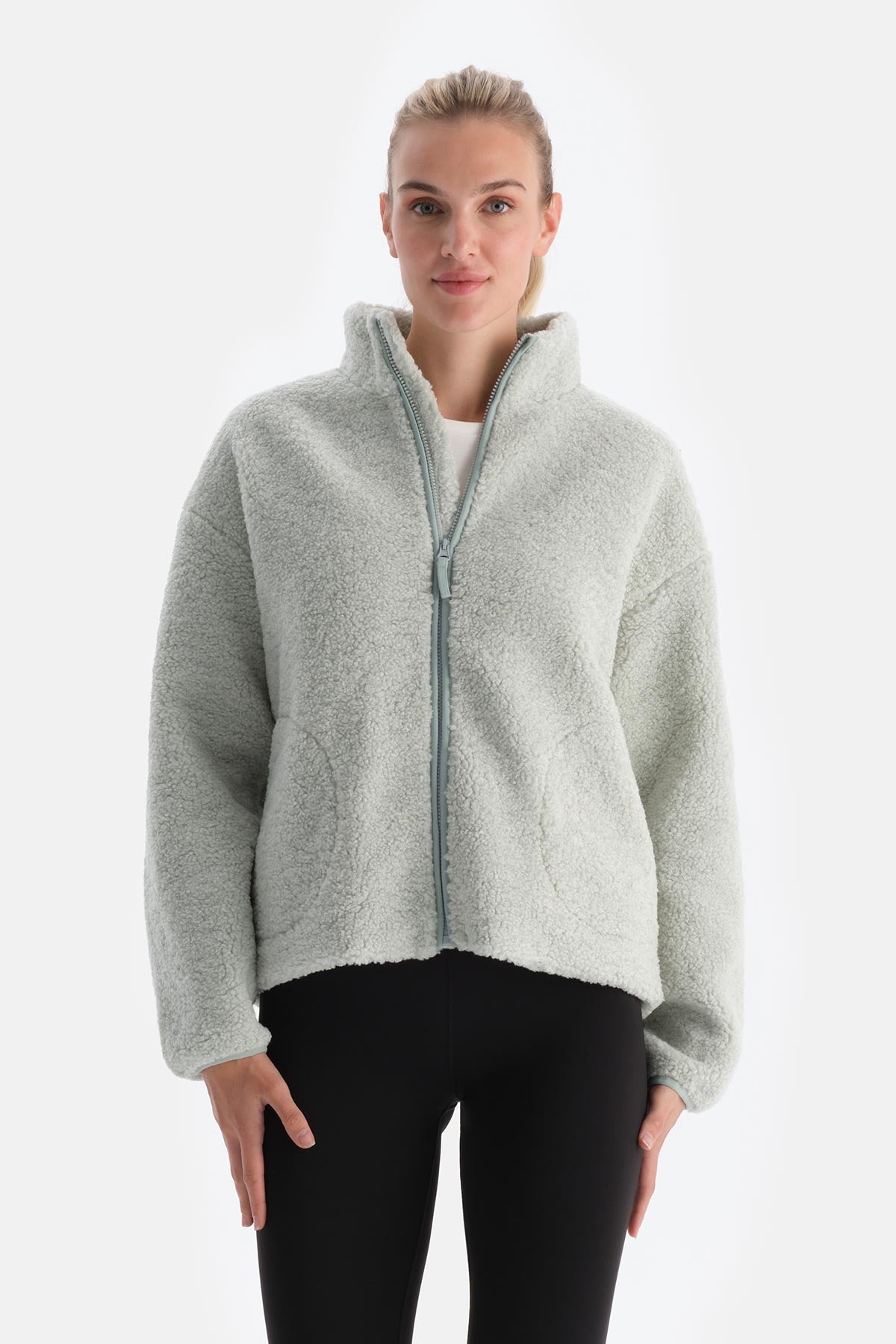 Mint Yeşili Kadın Önden Fermuarlı Polar Mont