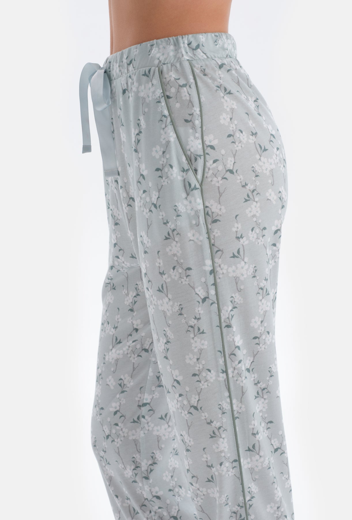 Turkuaz Gömlek Yaka Çiçek Desenli Örme Pijama Takımı