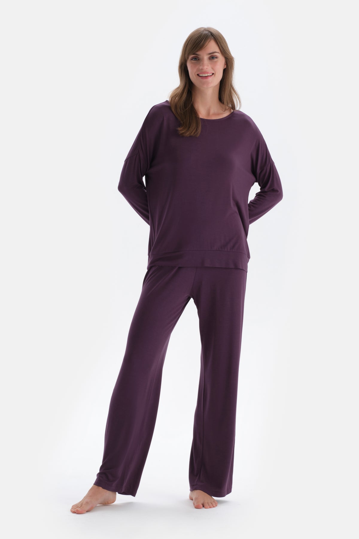 Purple BOAT NECK LONG SLEEVE COTTON MODAL KNITTED PAJAMAS SUIT