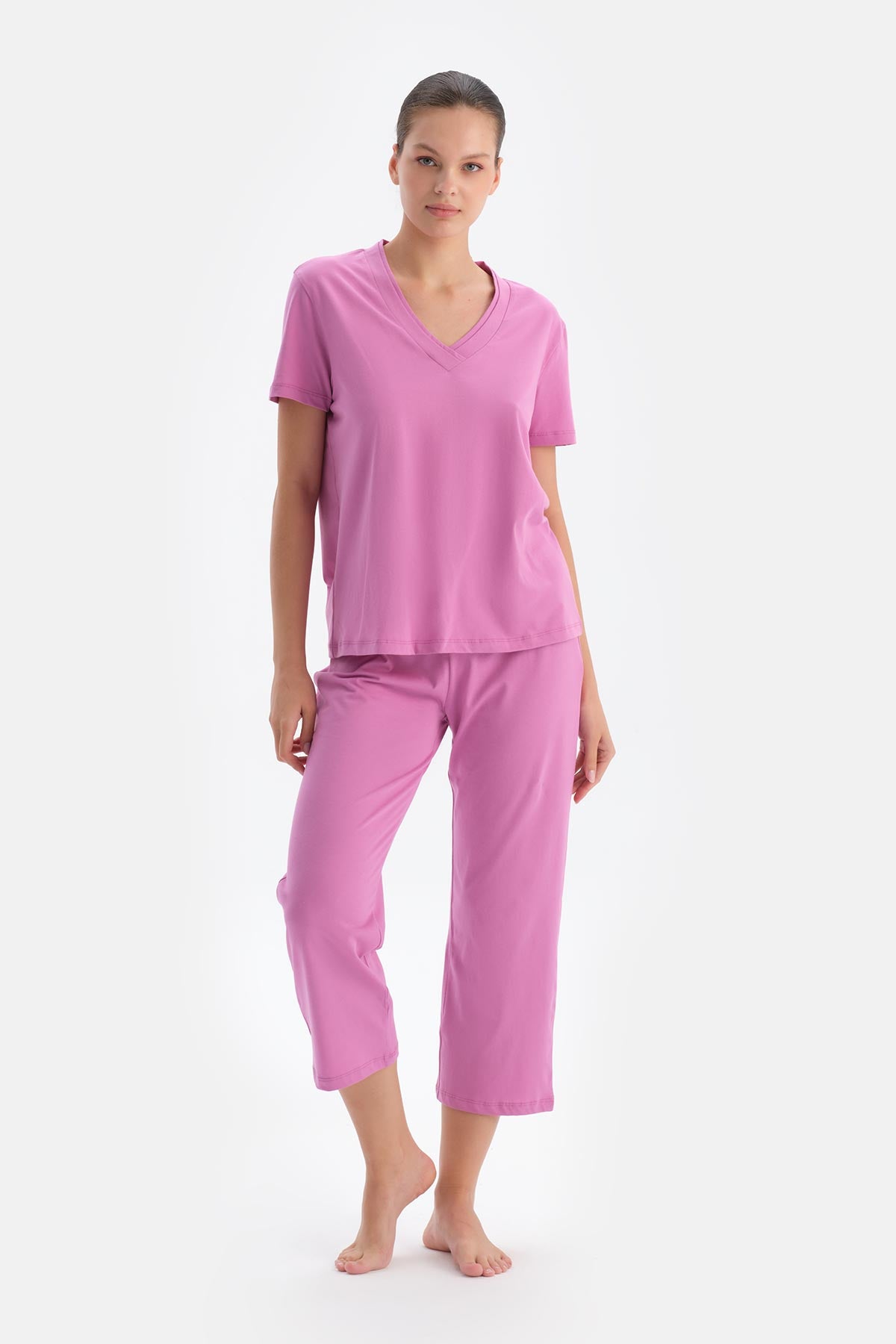Fuşya Kadın V Yaka Pijama Takımı