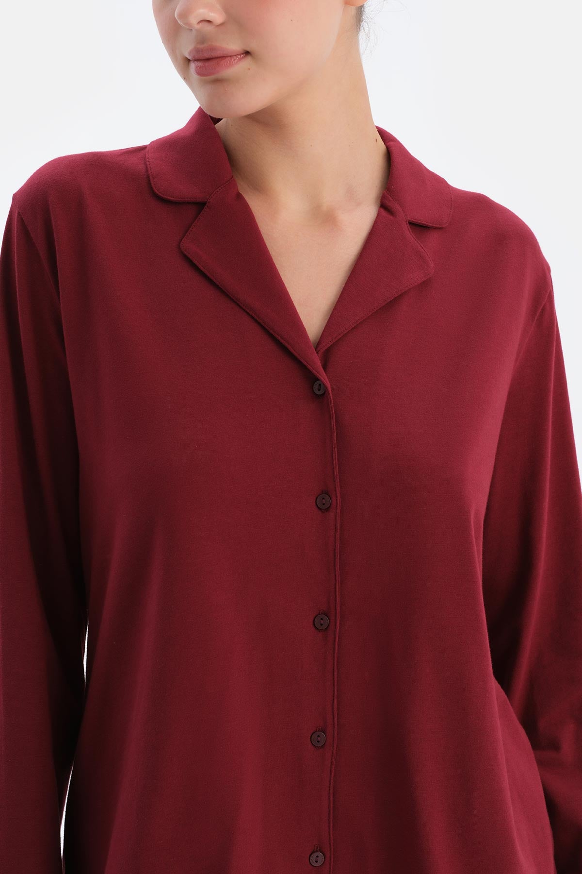 Bordo Kadın Gömlek Pijama Takımı
