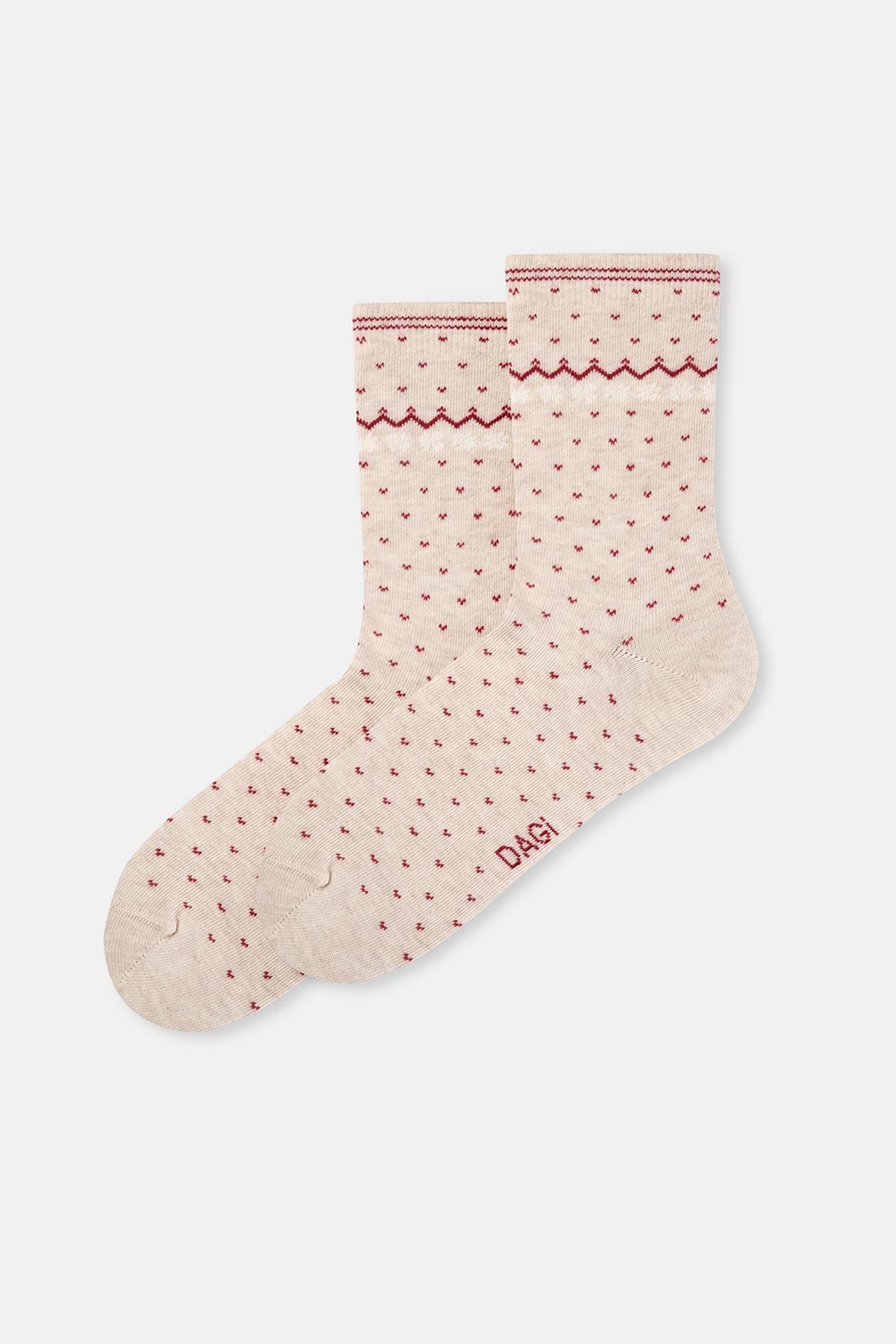 Beige-Red WOMENS COTTON ZIGZAG TEXTURED SOCKS