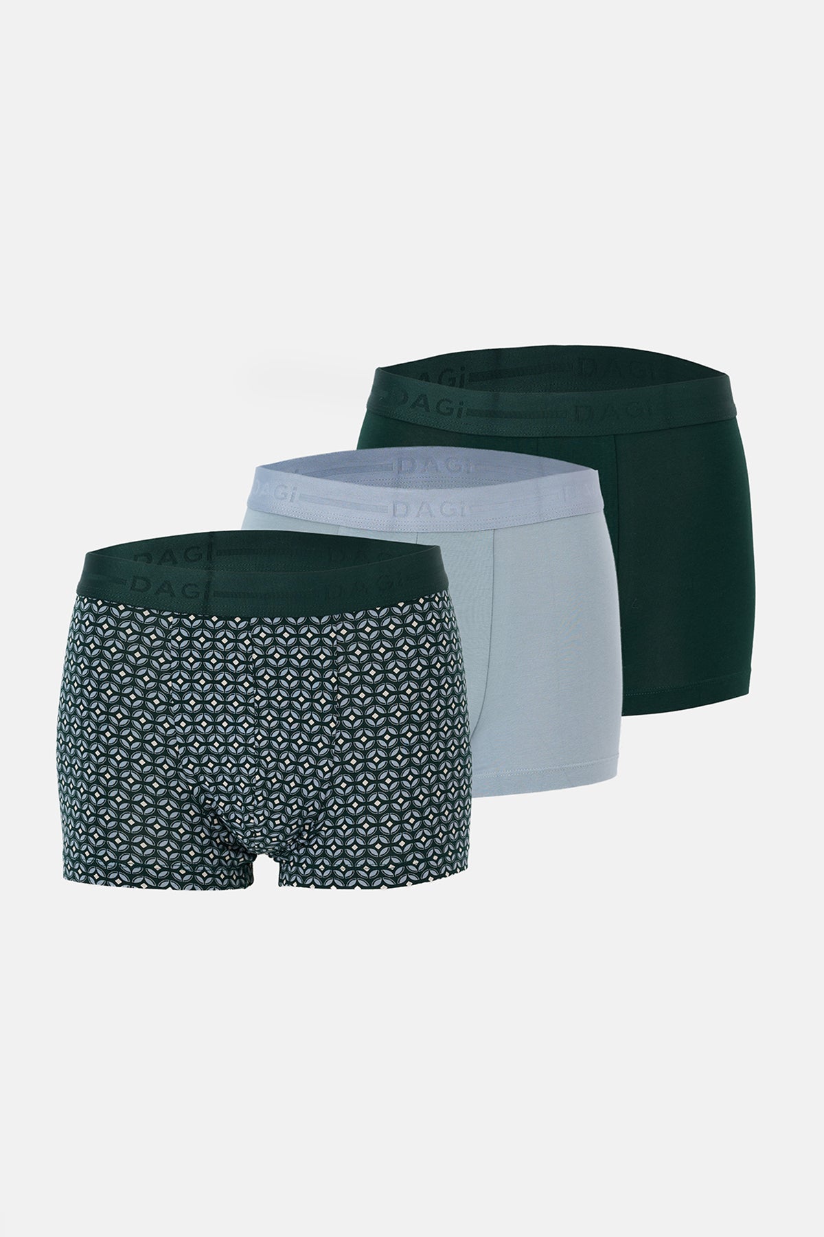 Açık Mavi-Koyu Yeşil 3'lü Desenli Pamuk Boxer
