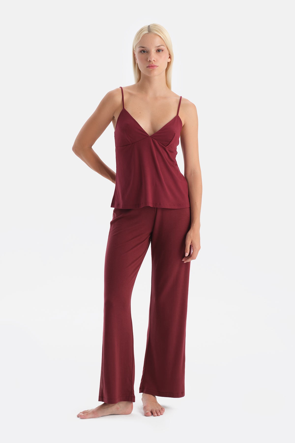 Bordo Yanı Tül Detaylı Basic Pantolon