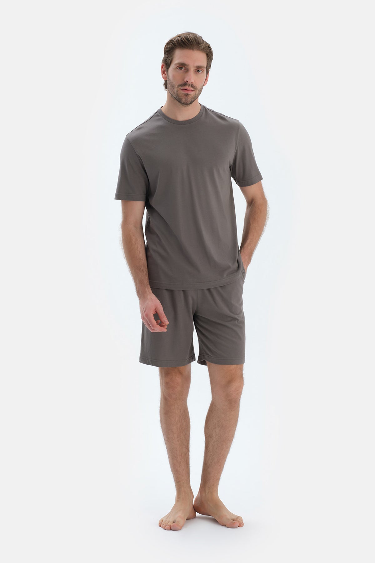 Gri Kısa Kollu Bisiklet Yaka Penye Modal Tişört