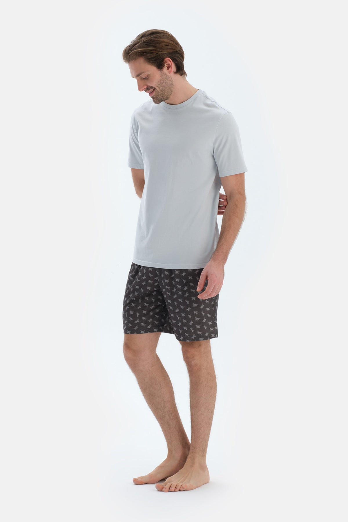 Açık Gri Kısa Kollu Bisiklet Yaka Basıc Tişört