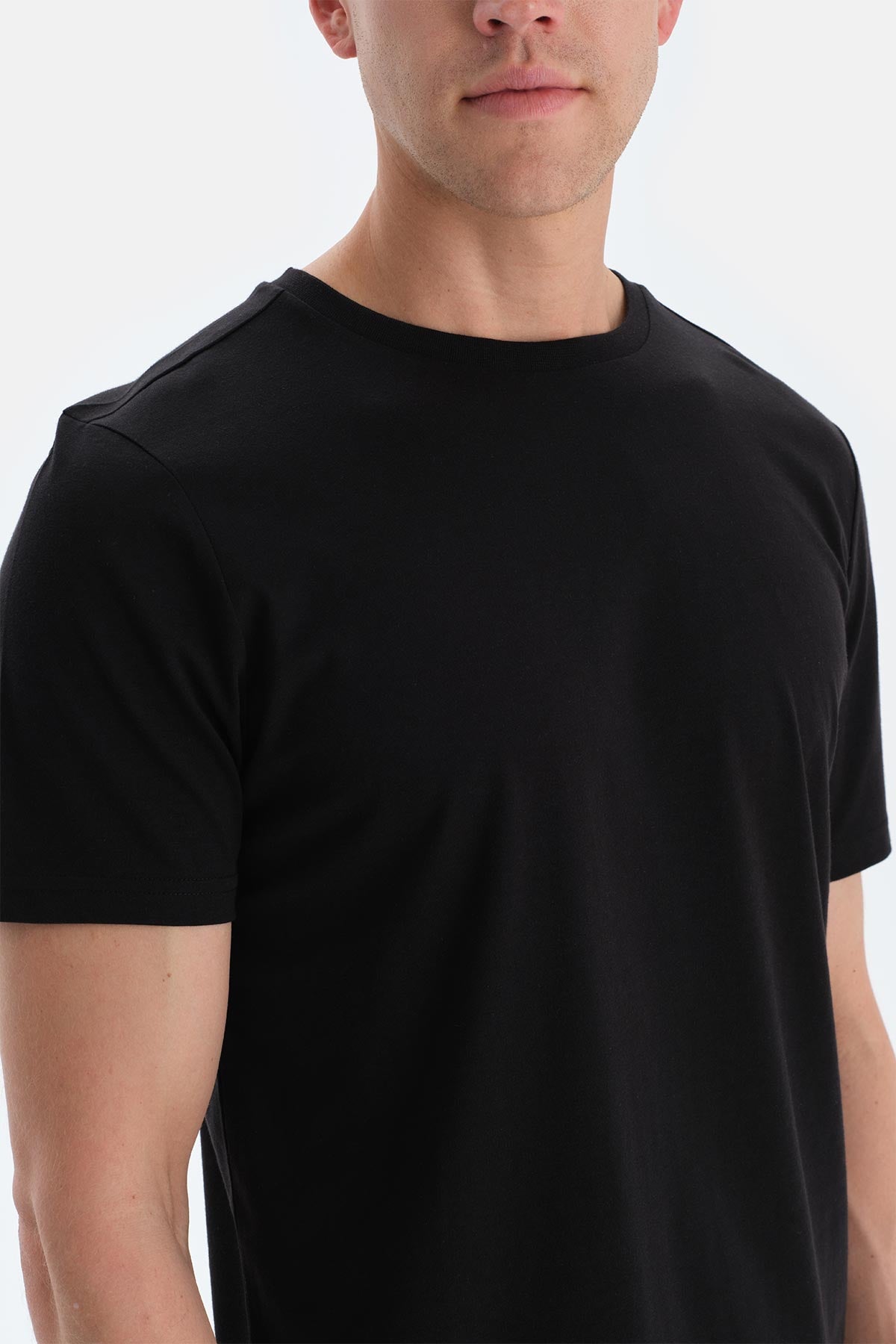 Siyah Bisiklet Yaka Ipek Apre Kısa Kollu Tişört