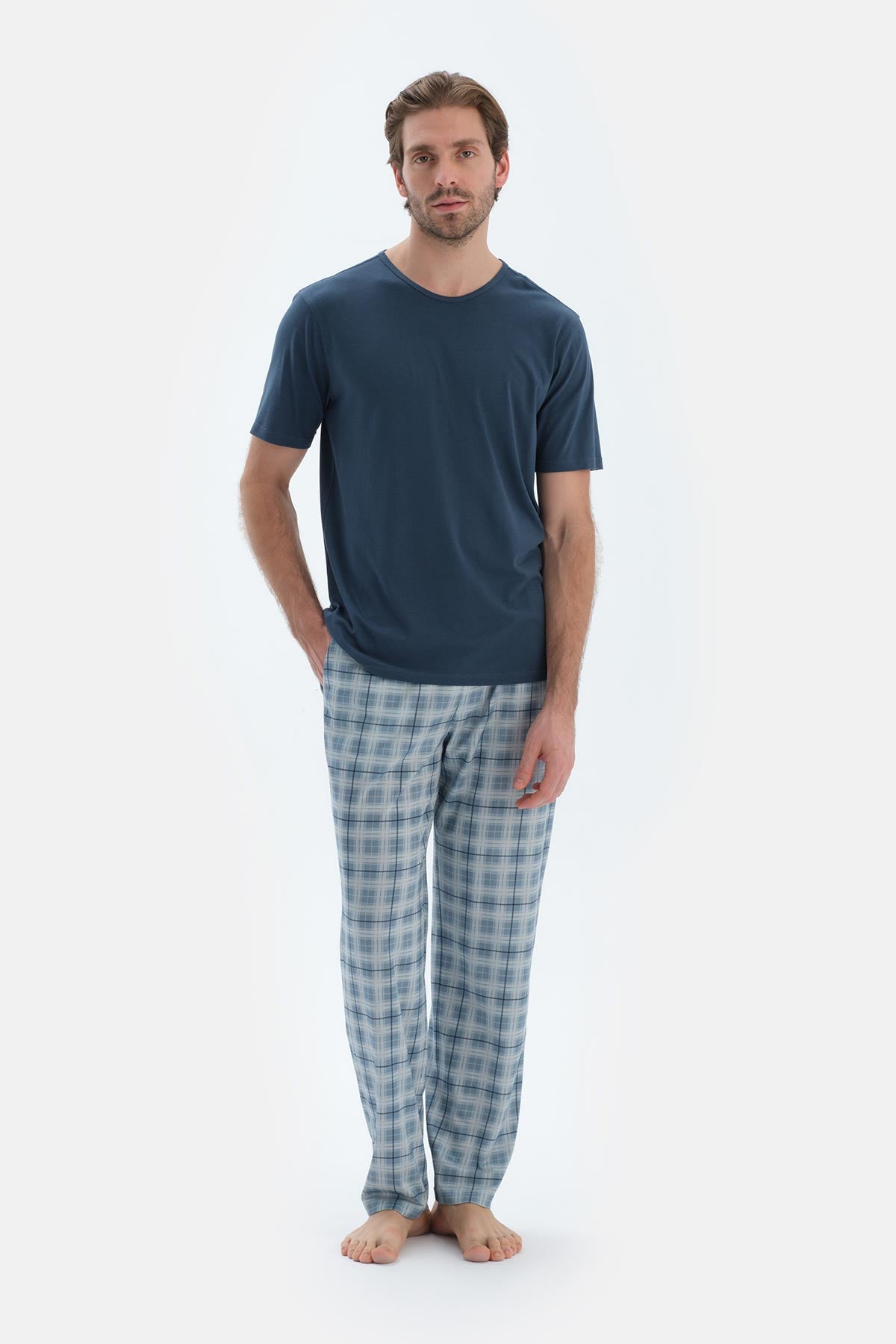 Mavi Ekoseli Penye Modal Basıc Pantolon