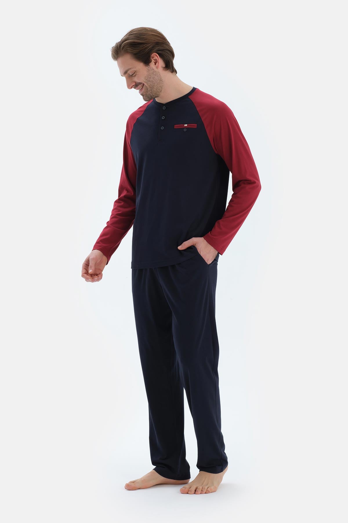 Lacivert Reglan Kol Garnili Pamuk Modal Pijama Takımı