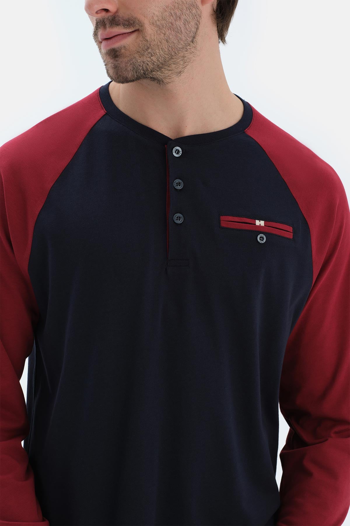 Lacivert Reglan Kol Garnili Pamuk Modal Pijama Takımı