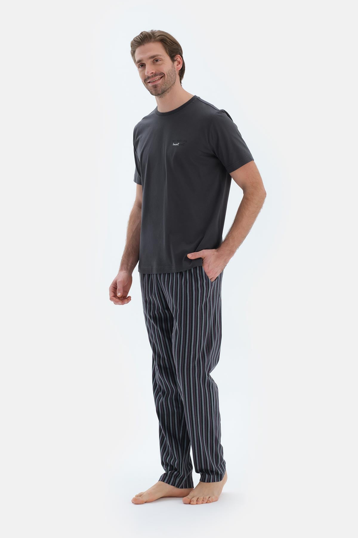 Füme Kısa Kollu Bisiklet Yaka Altı Çizgi Metraj Baskılı Pijama Takımı