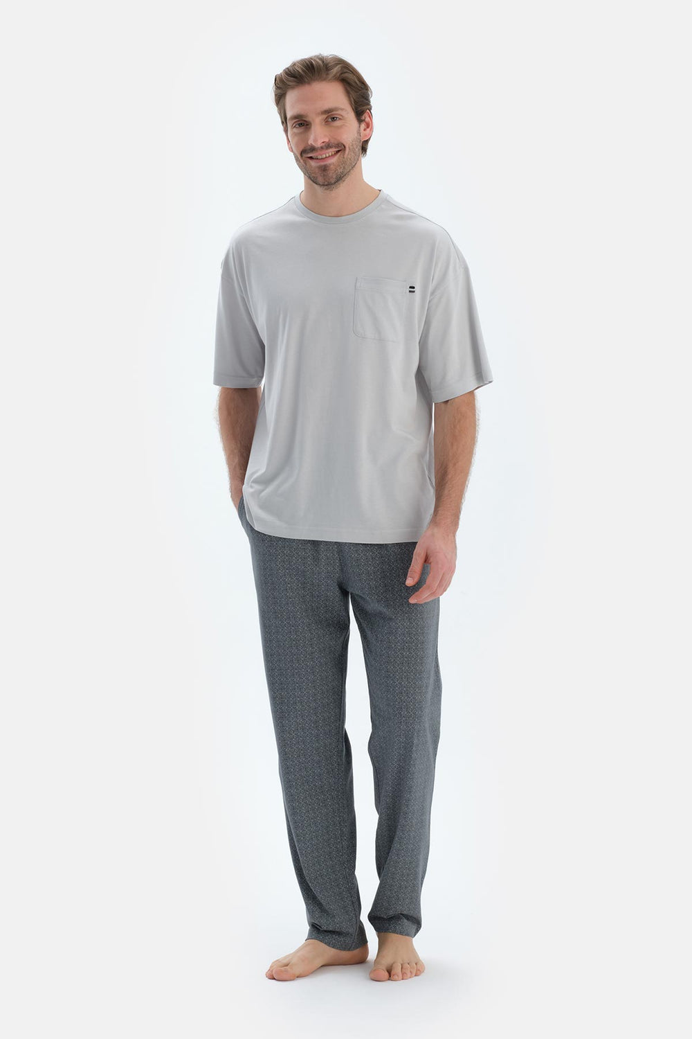 Grey CROW NECK OVERSIZE TOP COTTON MODAL PAJAMA SET