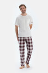 Ekru Nakış Detaylı Altı Dokuma Ekoseli Tişört Pantolon Pijama Takımı