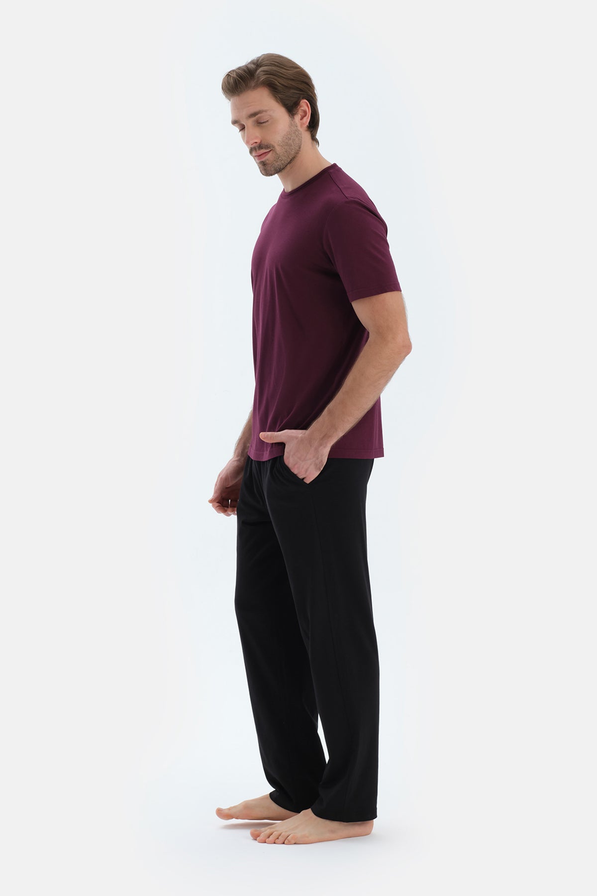 Bordo Bisiklet Yaka Kısa Kollu Tişört Pantolon Pijama Takımı