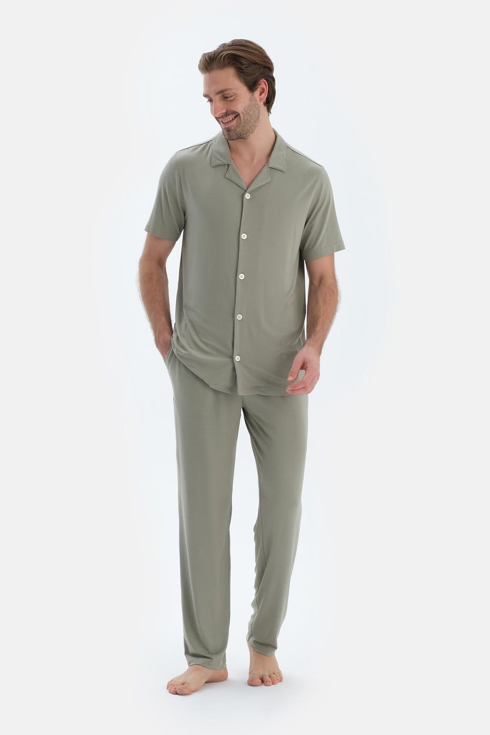 Bej Kısa Kollu Basıc Gömlek Pantolon Pijama Takımı